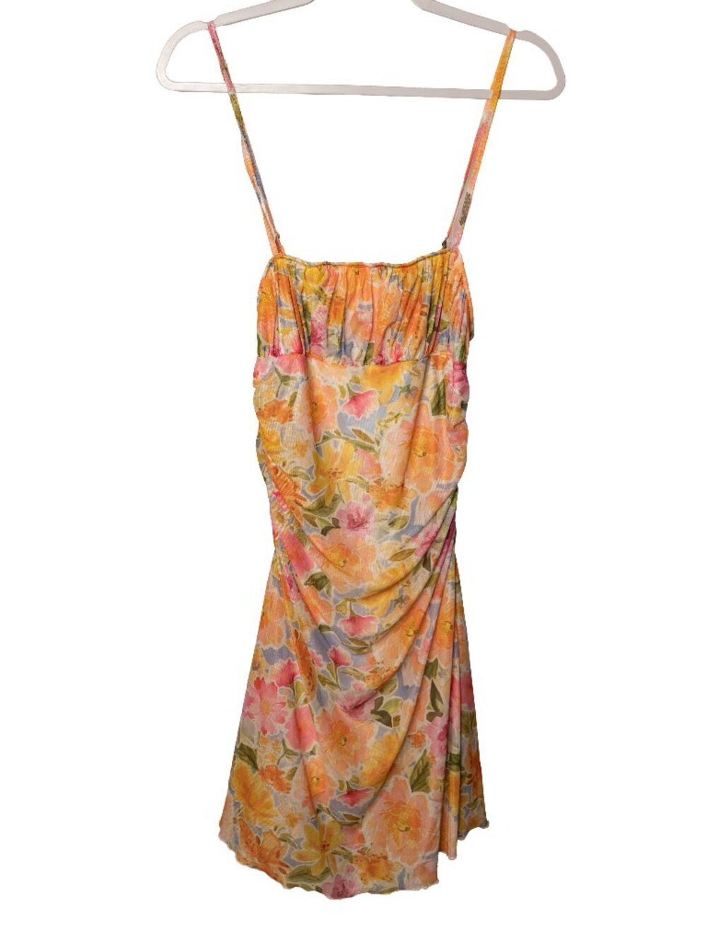 SHEIN Orange Yellow Blue Floral Mesh Cinched Babydoll Mini Dress - Medium